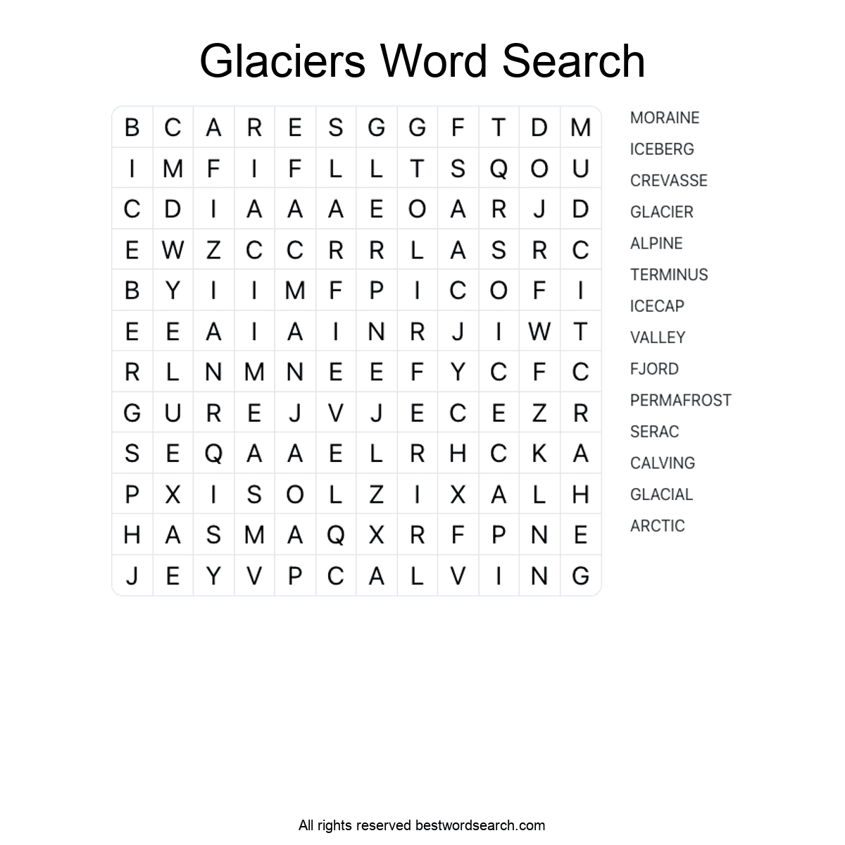 GLACIERS (GEOGRAPHY) Word Search Puzzle