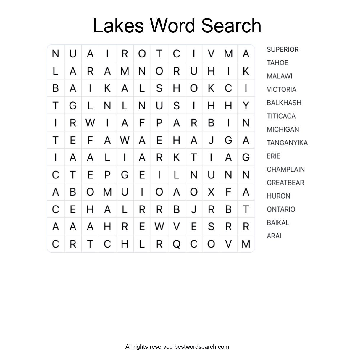 LAKES (GEOGRAPHY) Word Search Puzzle