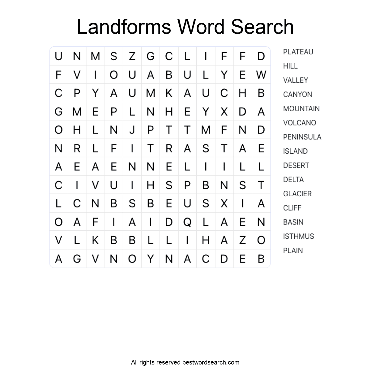 LANDFORMS (GEOGRAPHY) Word Search Puzzle