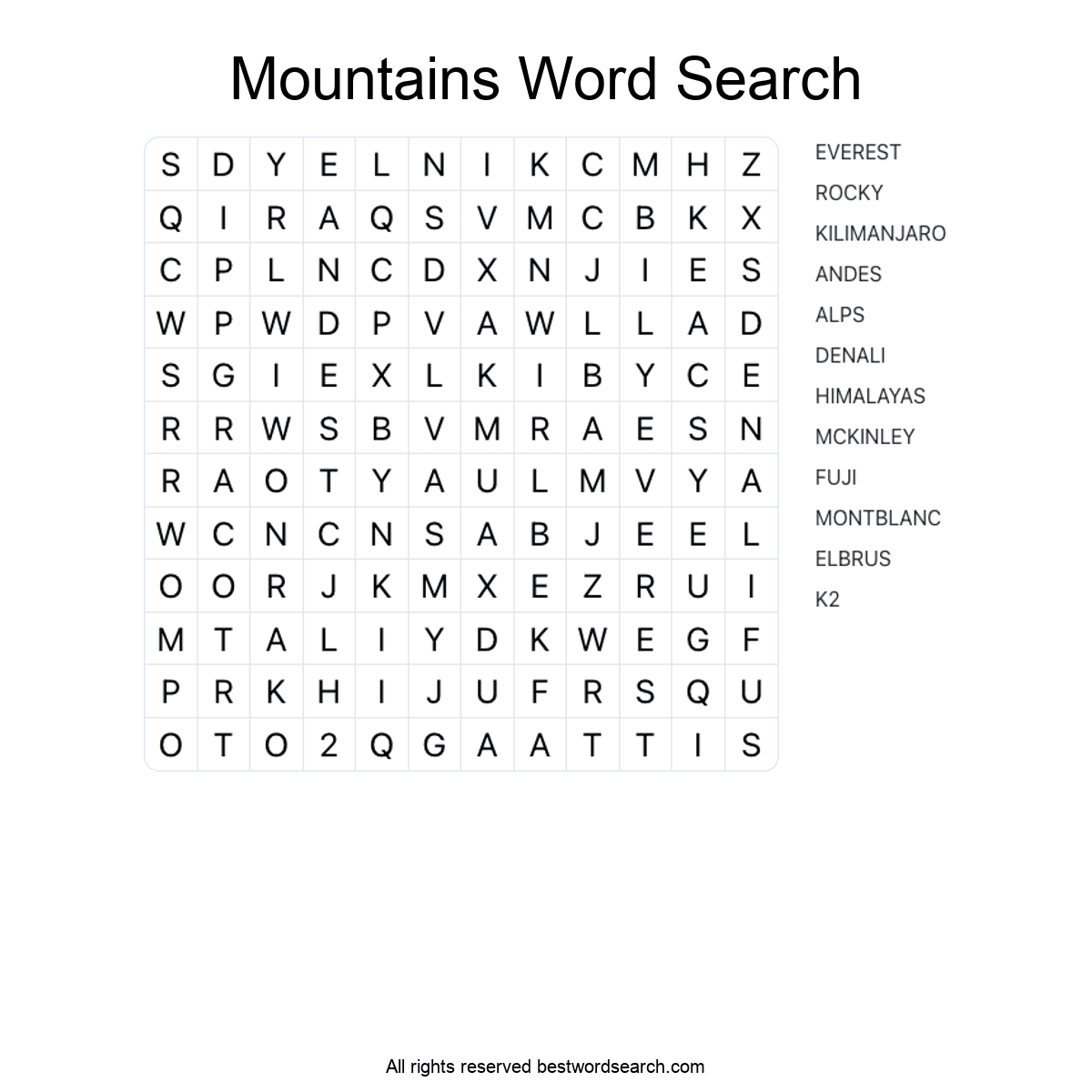 MOUNTAINS (GEOGRAPHY) Word Search Puzzle