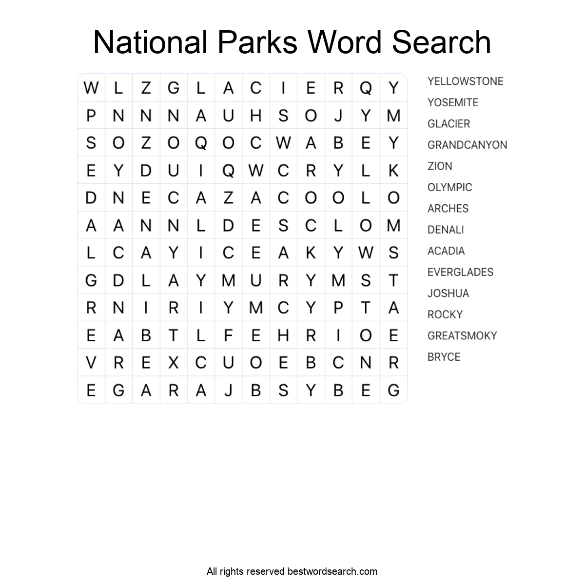 NATIONAL PARKS (GEOGRAPHY) Word Search Puzzle