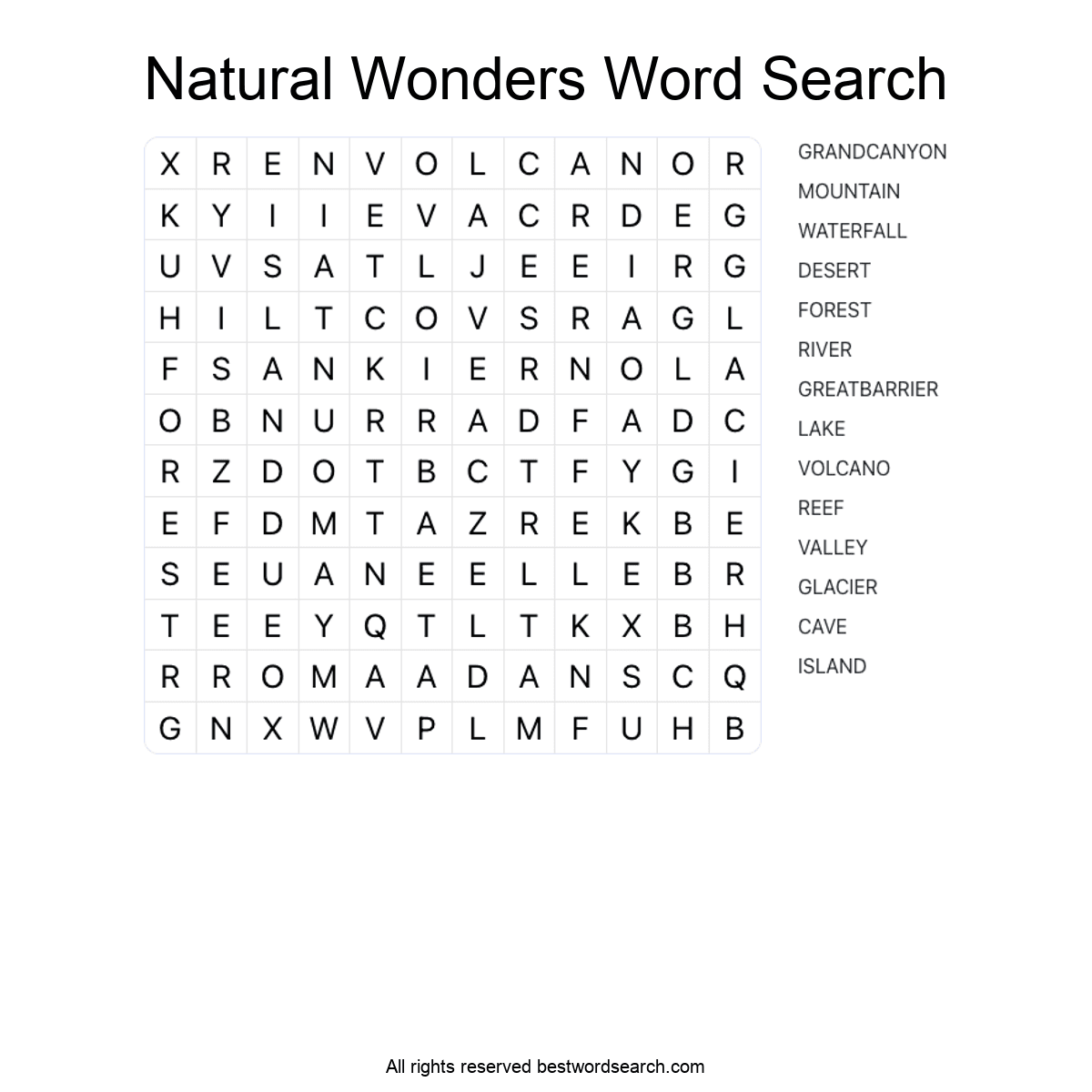 NATURAL WONDERS (GEOGRAPHY) Word Search Puzzle