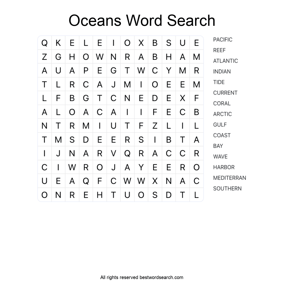 OCEANS (GEOGRAPHY) Word Search Puzzle