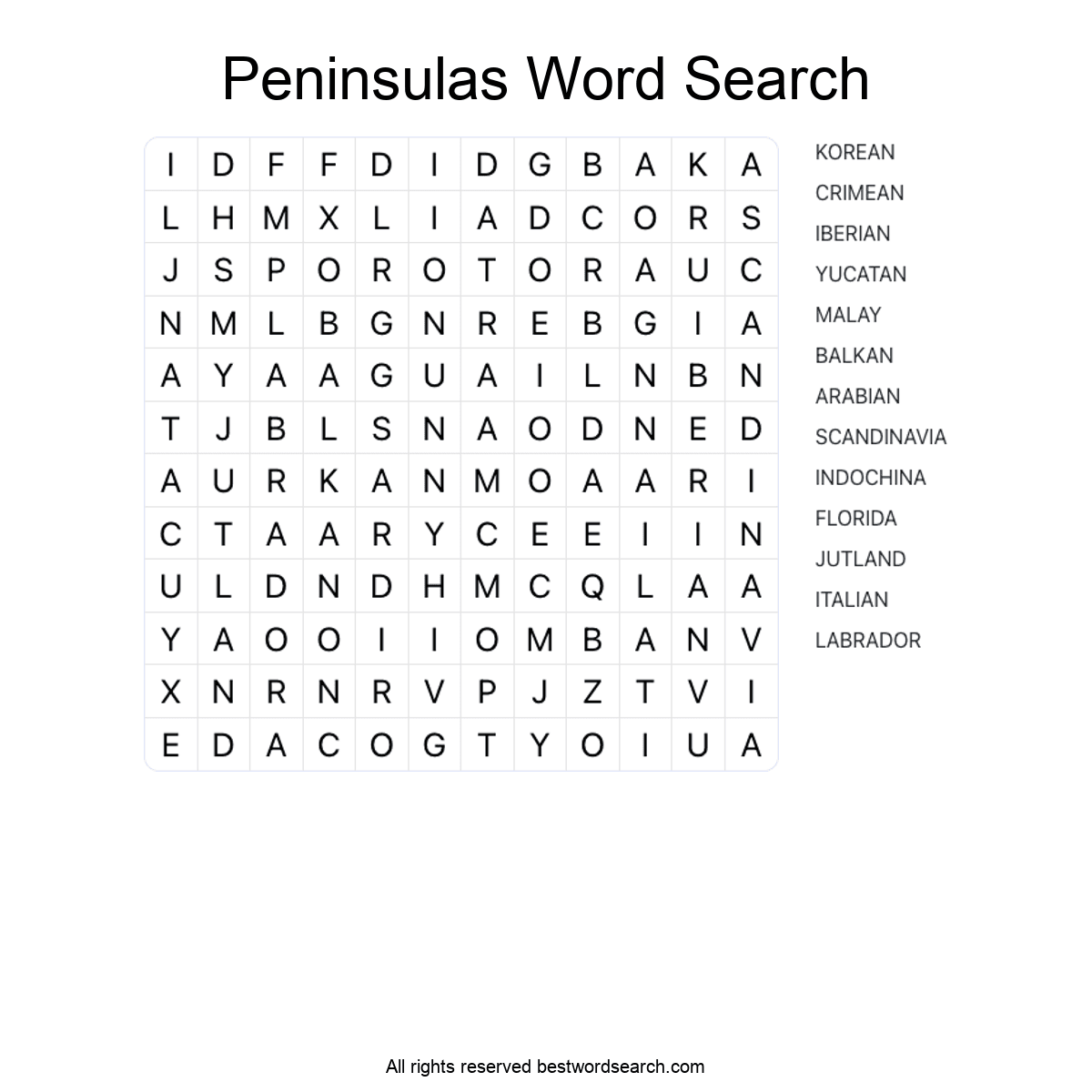 PENINSULAS (GEOGRAPHY) Word Search Puzzle