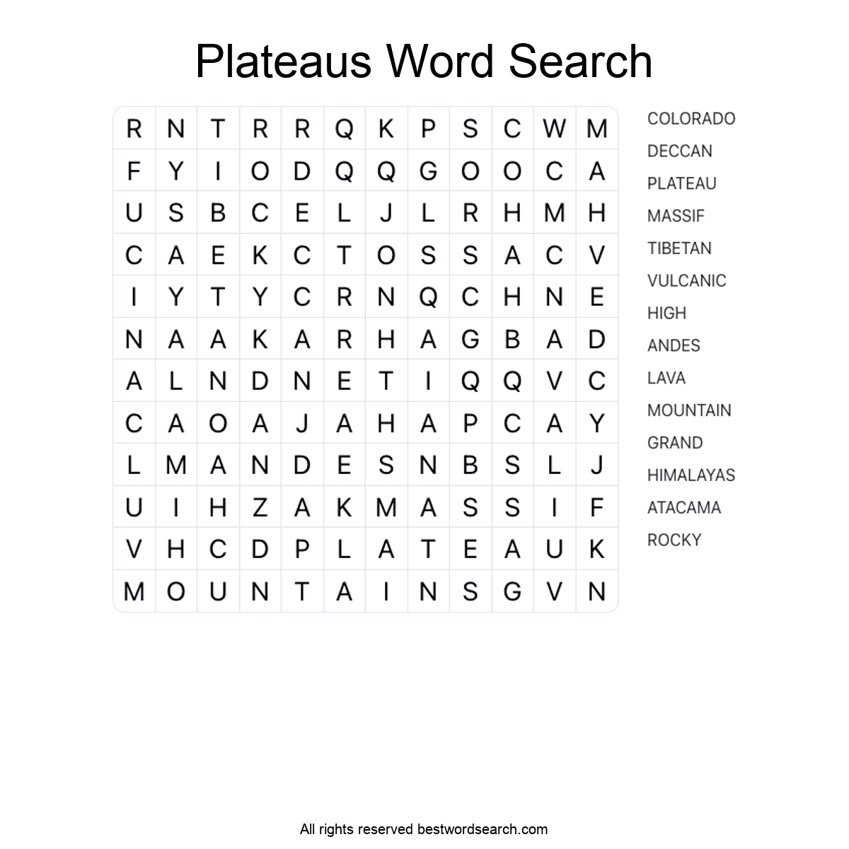 PLATEAUS (GEOGRAPHY) Word Search Puzzle