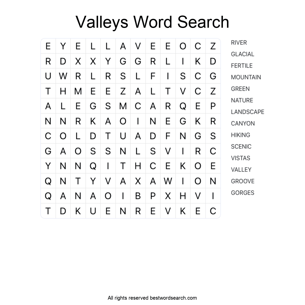 VALLEYS (GEOGRAPHY) Word Search Puzzle