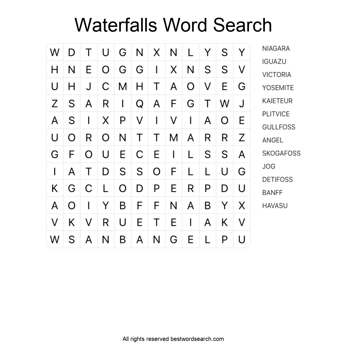 WATERFALLS (GEOGRAPHY) Word Search Puzzle