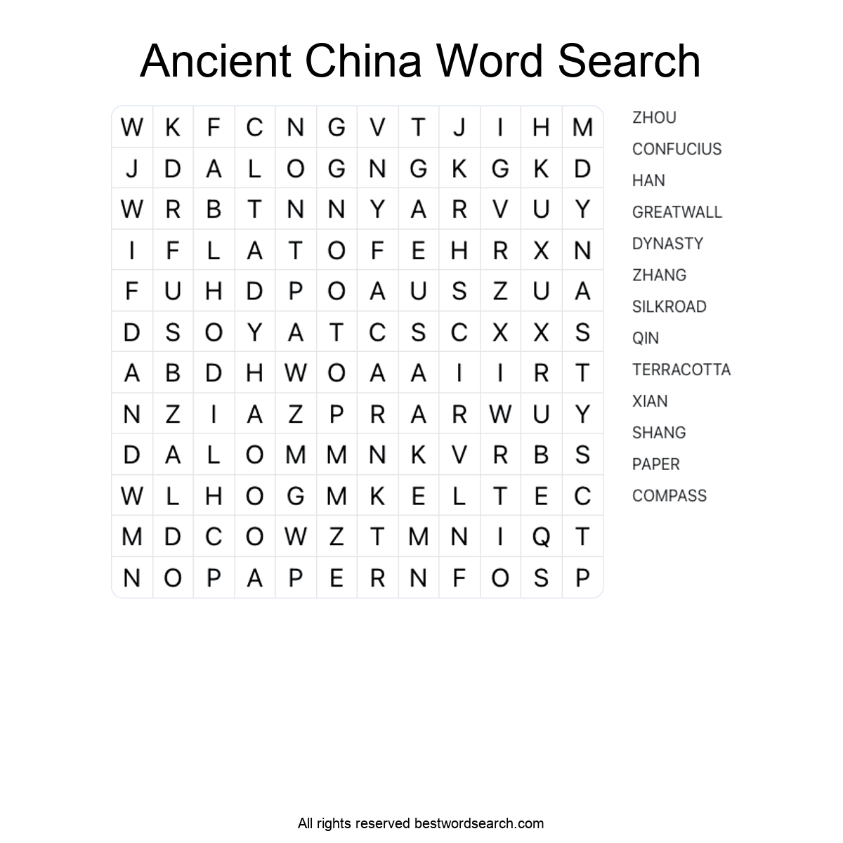 ANCIENT CHINA (HISTORY) Word Search Puzzle