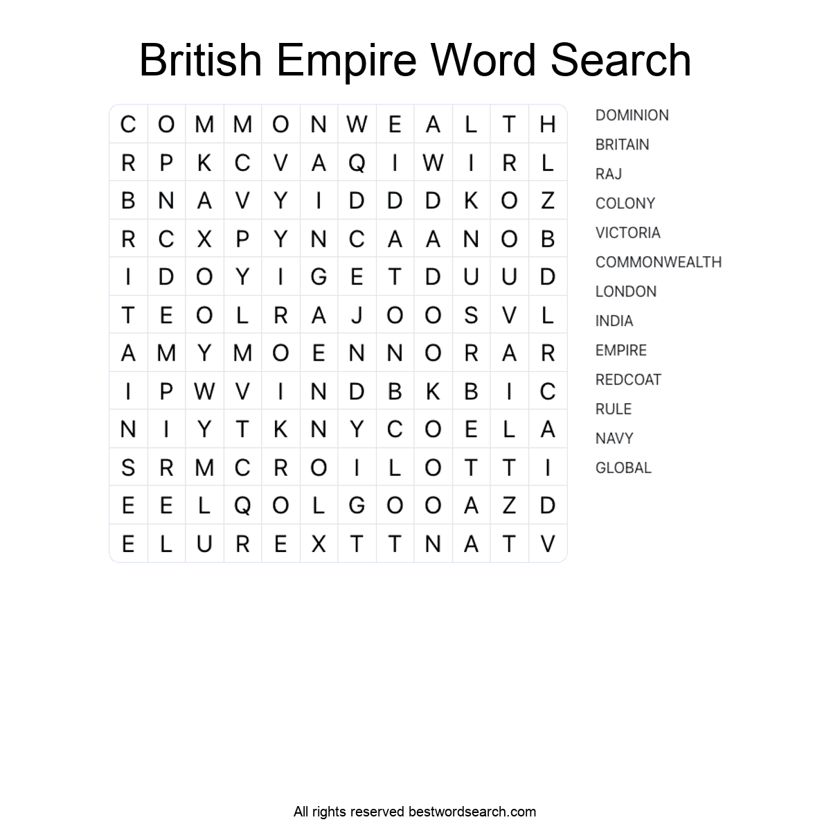 BRITISH EMPIRE (HISTORY) Word Search Puzzle