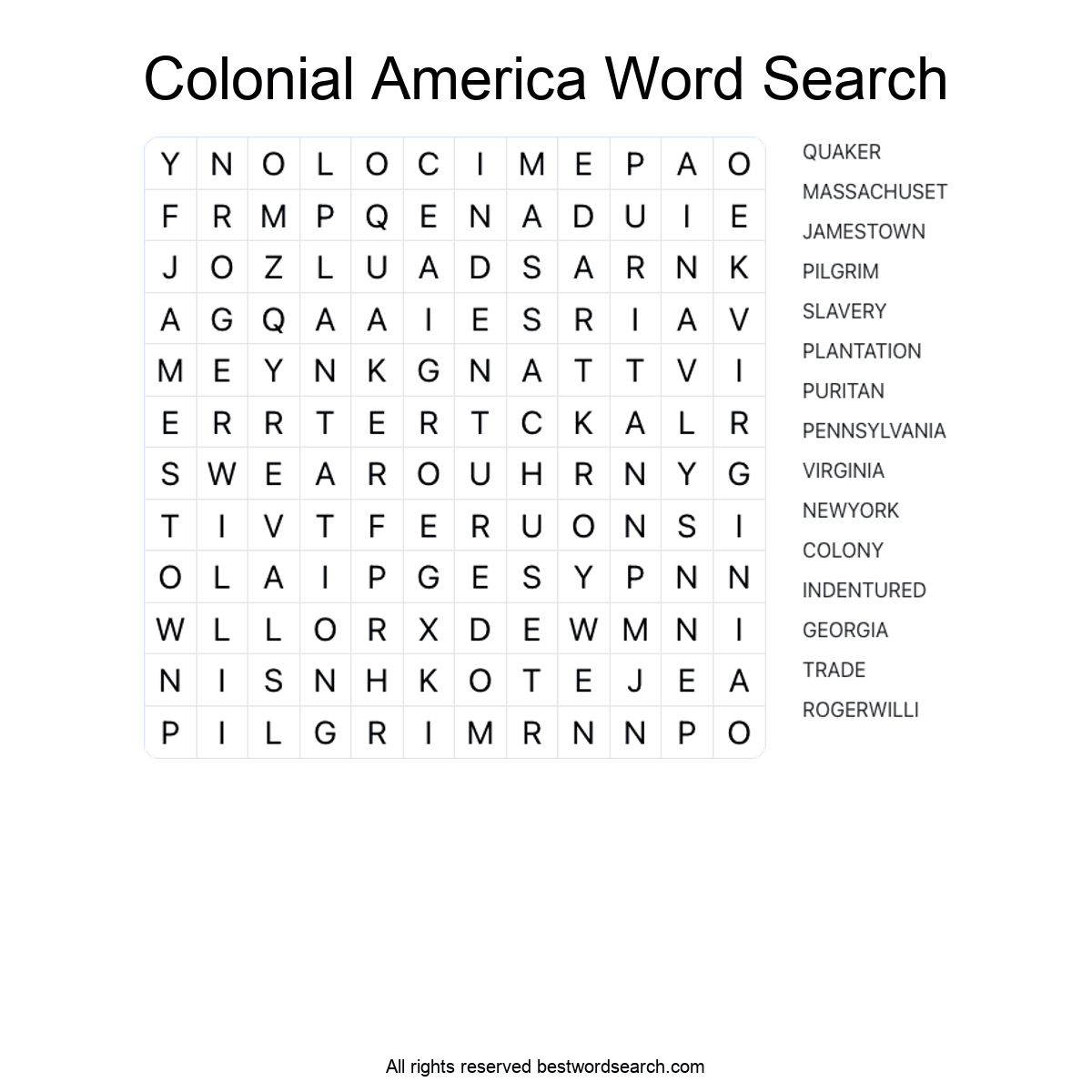 COLONIAL AMERICA (HISTORY) Word Search Puzzle