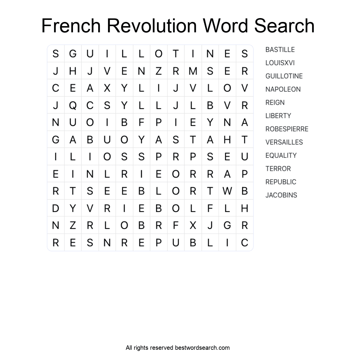 FRENCH REVOLUTION (HISTORY) Word Search Puzzle