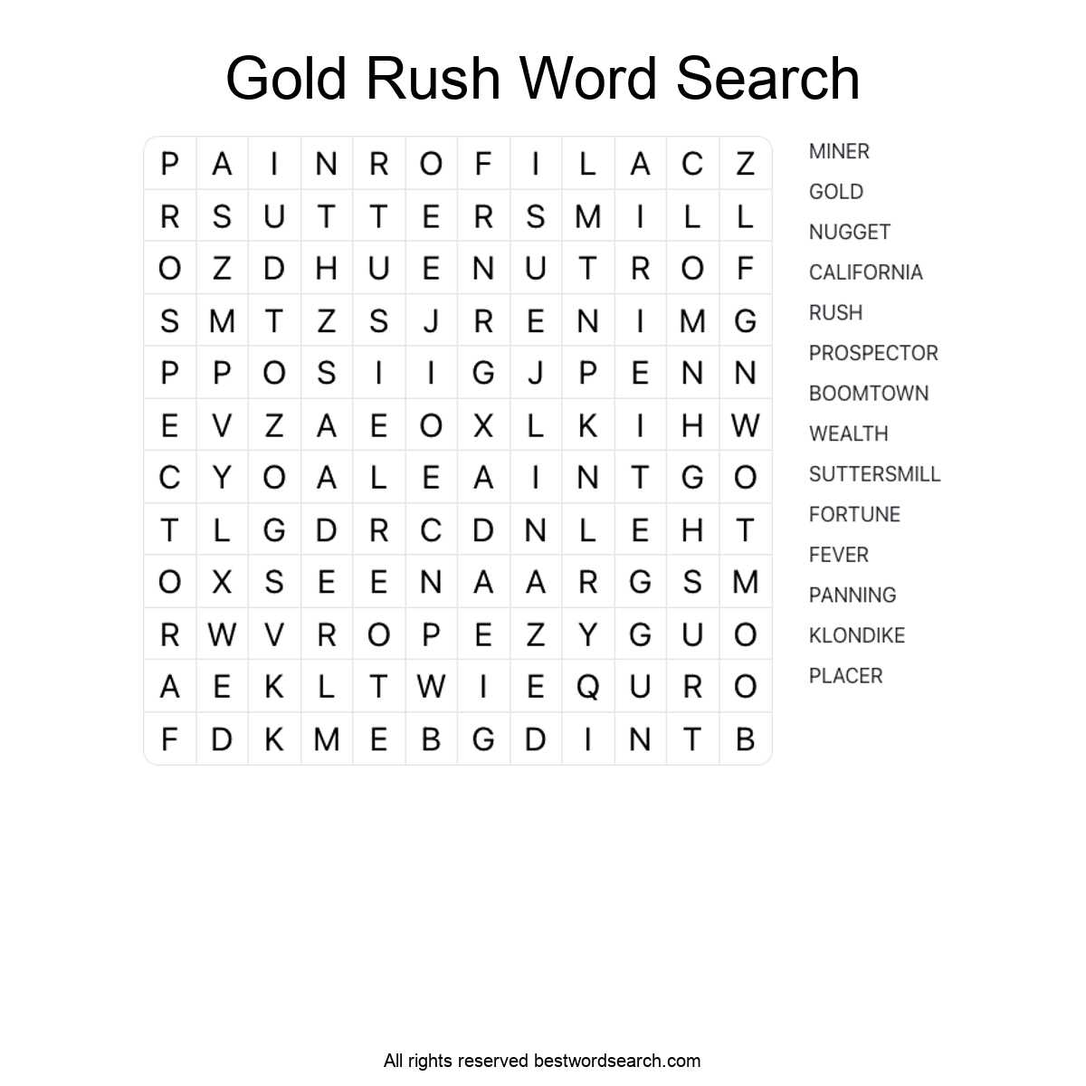 GOLD RUSH (HISTORY) Word Search Puzzle