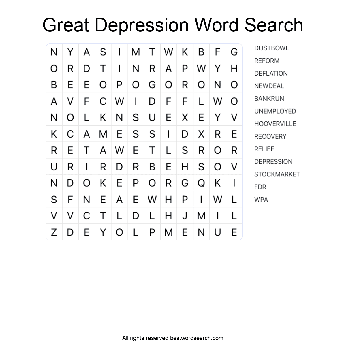 GREAT DEPRESSION (HISTORY) Word Search Puzzle