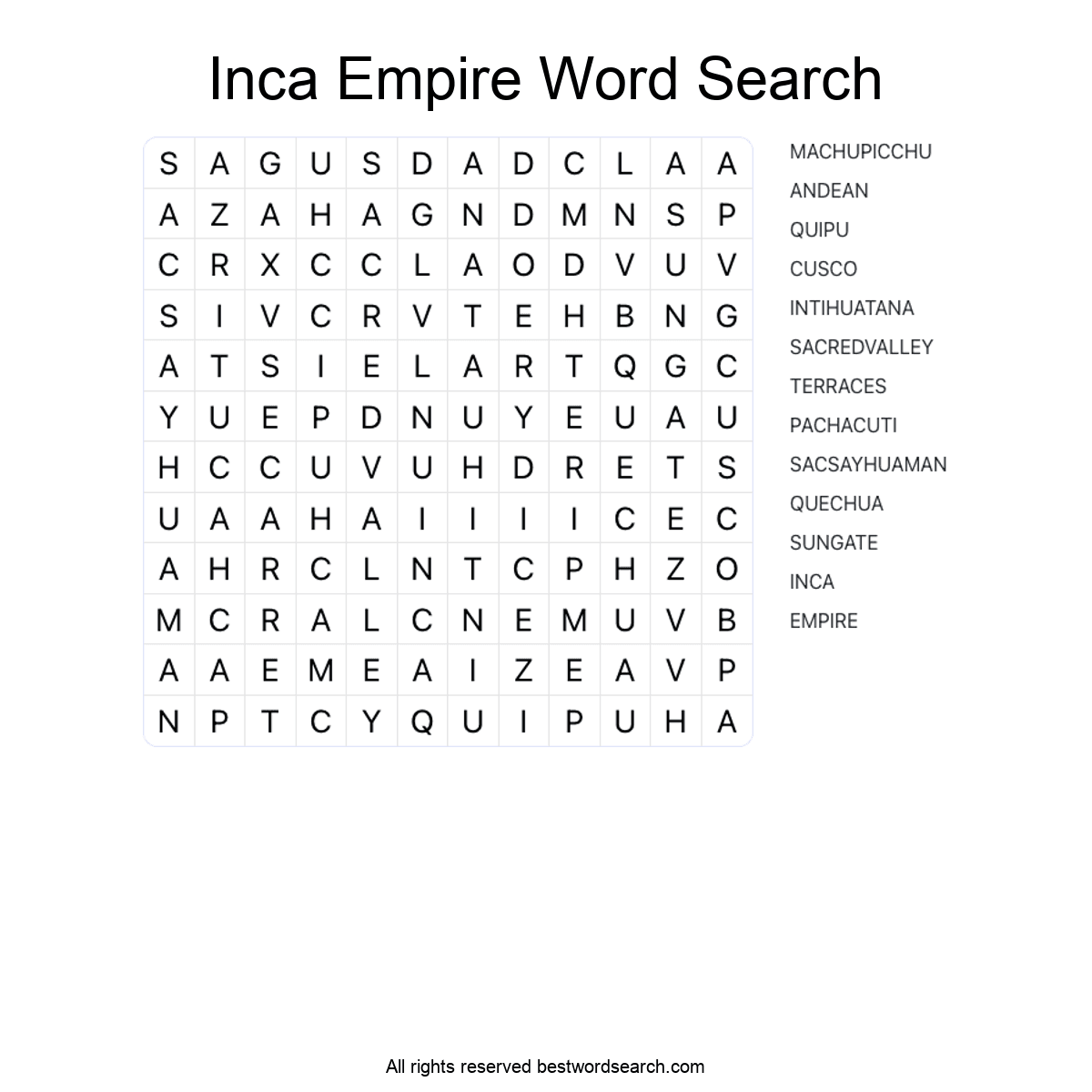 INCA EMPIRE (HISTORY) Word Search Puzzle