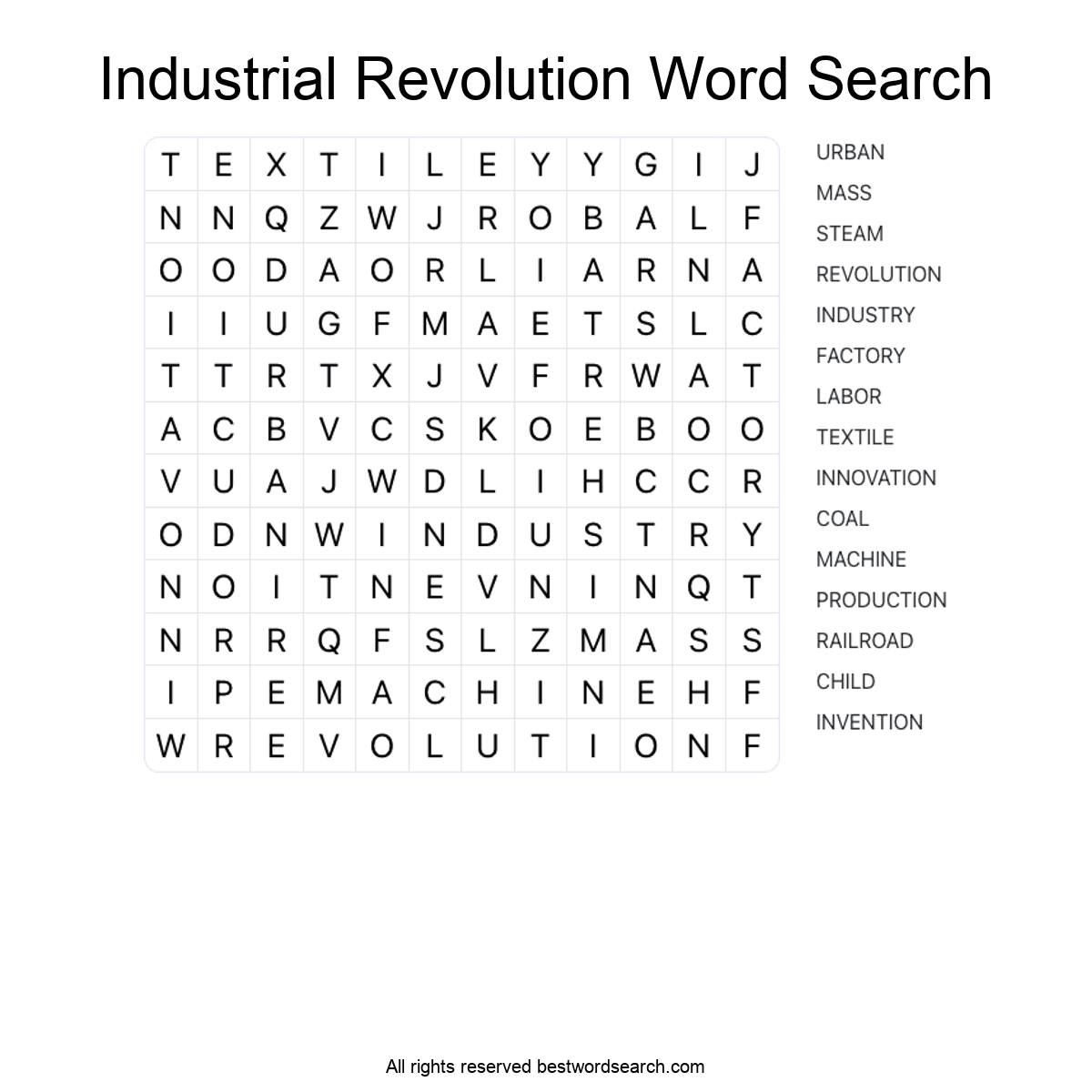 INDUSTRIAL REVOLUTION (HISTORY) Word Search Puzzle