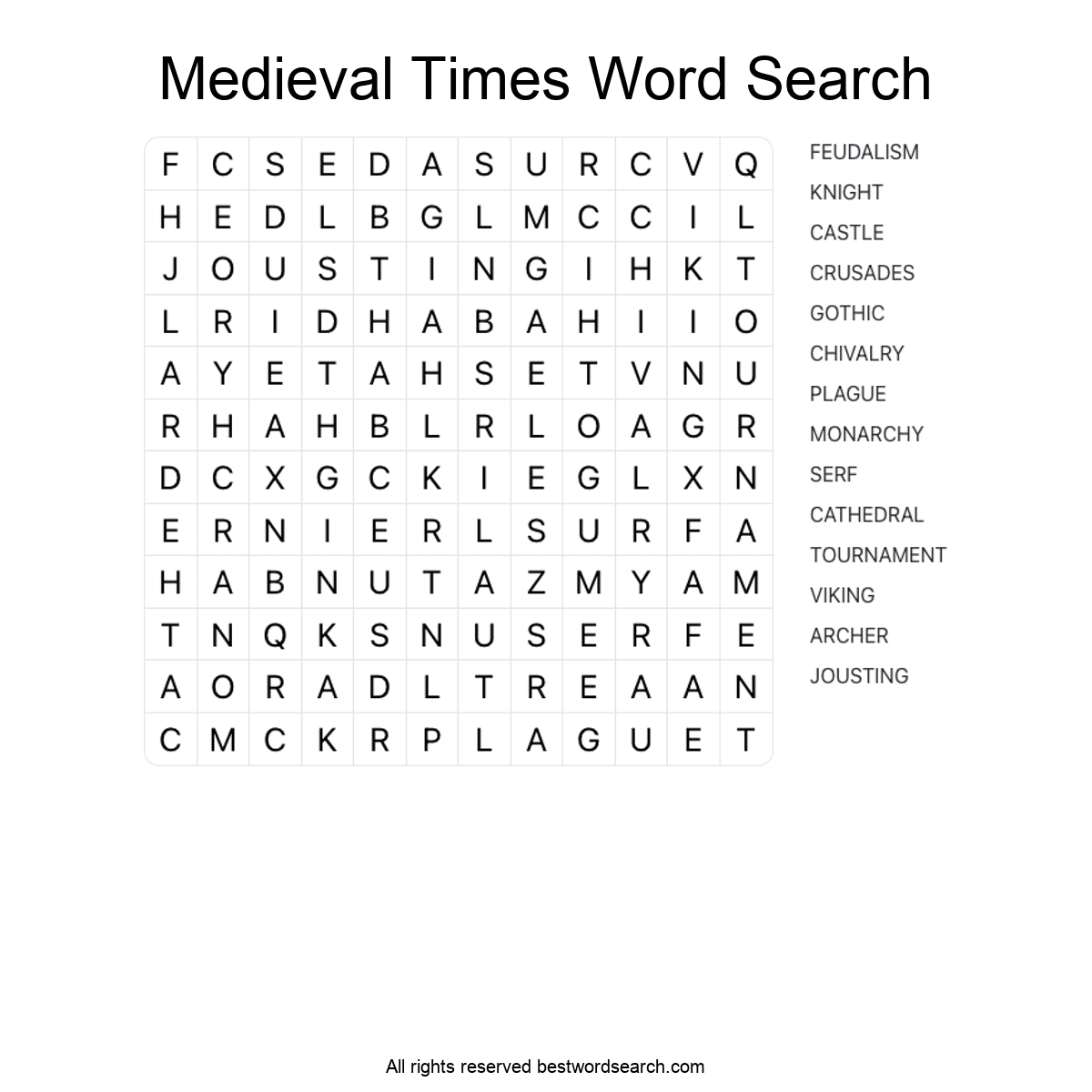 MEDIEVAL TIMES (HISTORY) Word Search Puzzle