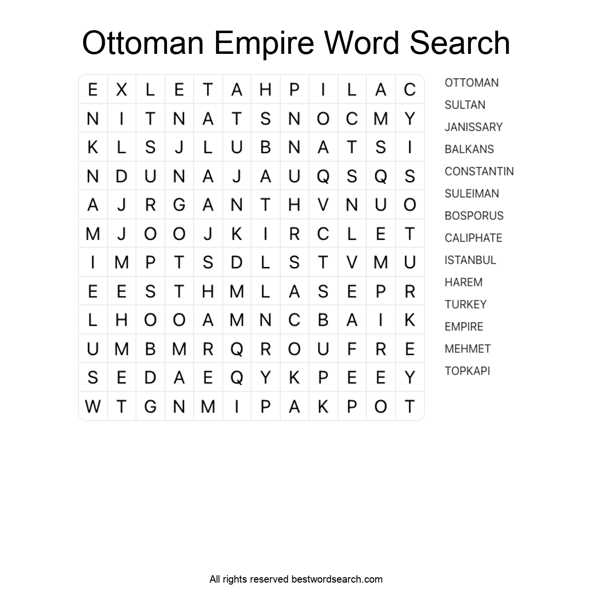 OTTOMAN EMPIRE (HISTORY) Word Search Puzzle