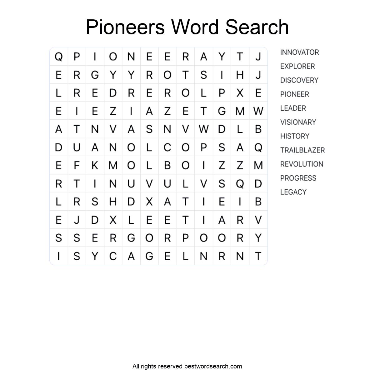 PIONEERS (HISTORY) Word Search Puzzle