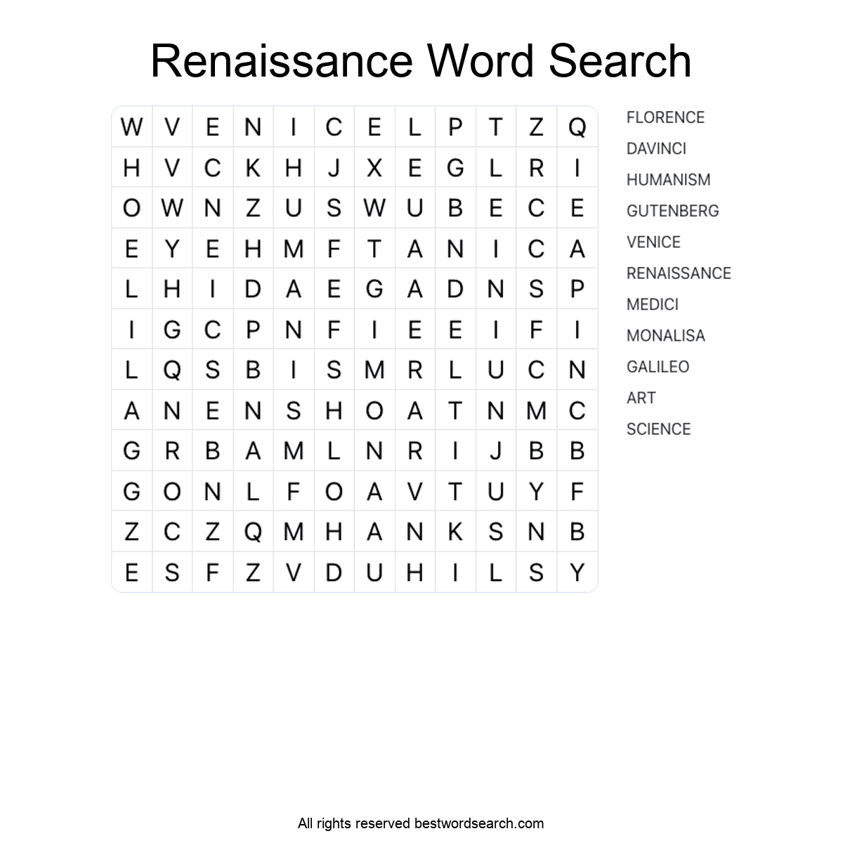 RENAISSANCE (HISTORY) Word Search Puzzle