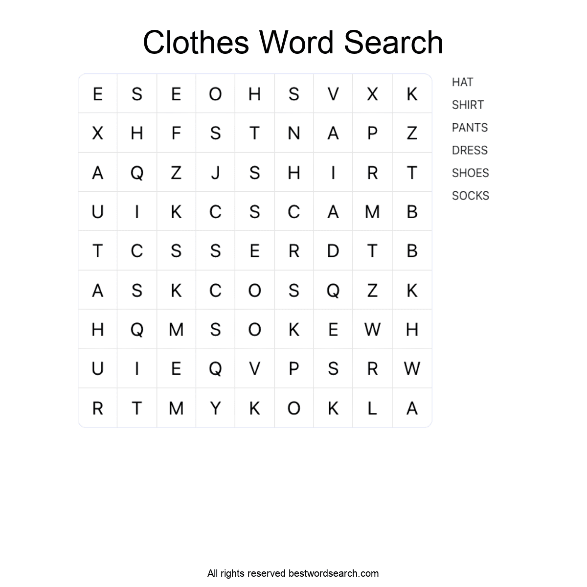 CLOTHES Word Search Puzzle