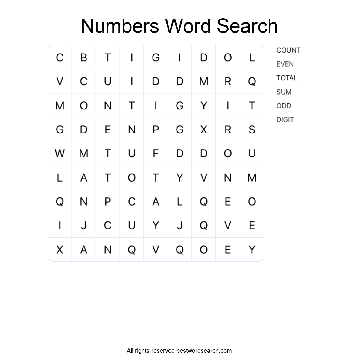 NUMBERS Word Search Puzzle