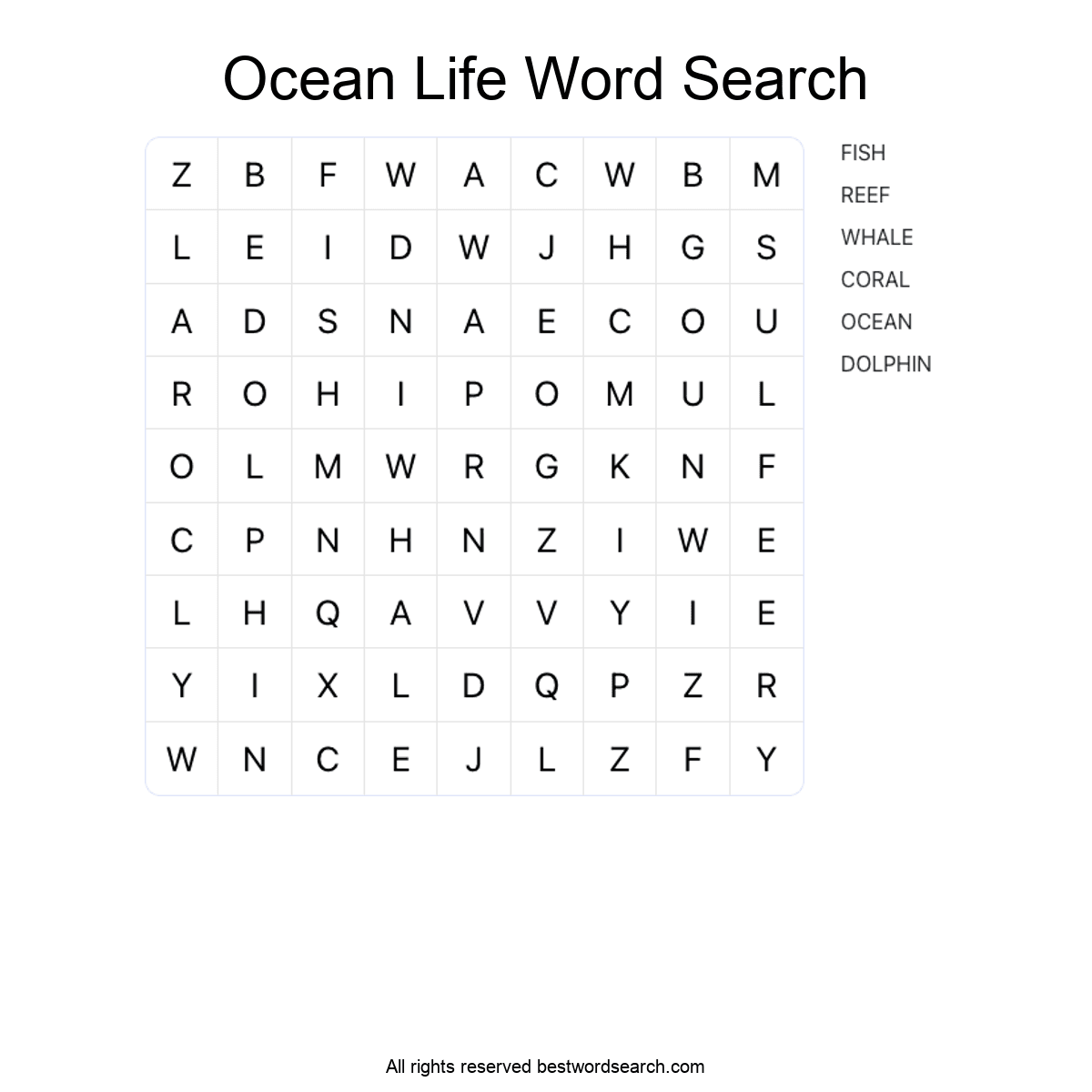 OCEAN LIFE Word Search Puzzle