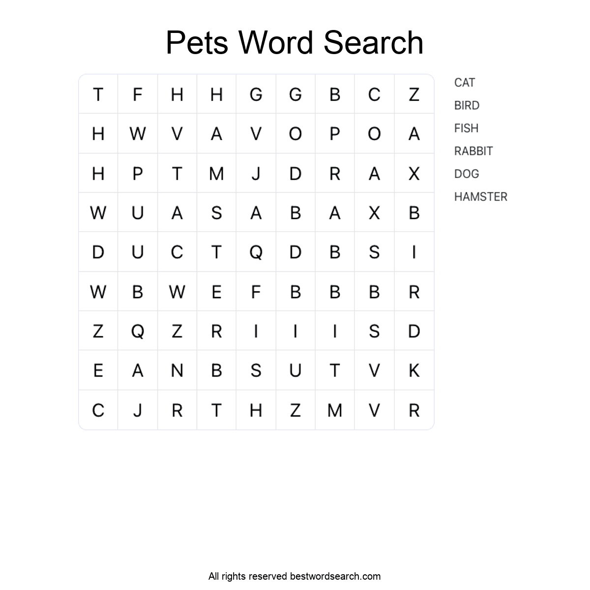 PETS Word Search Puzzle