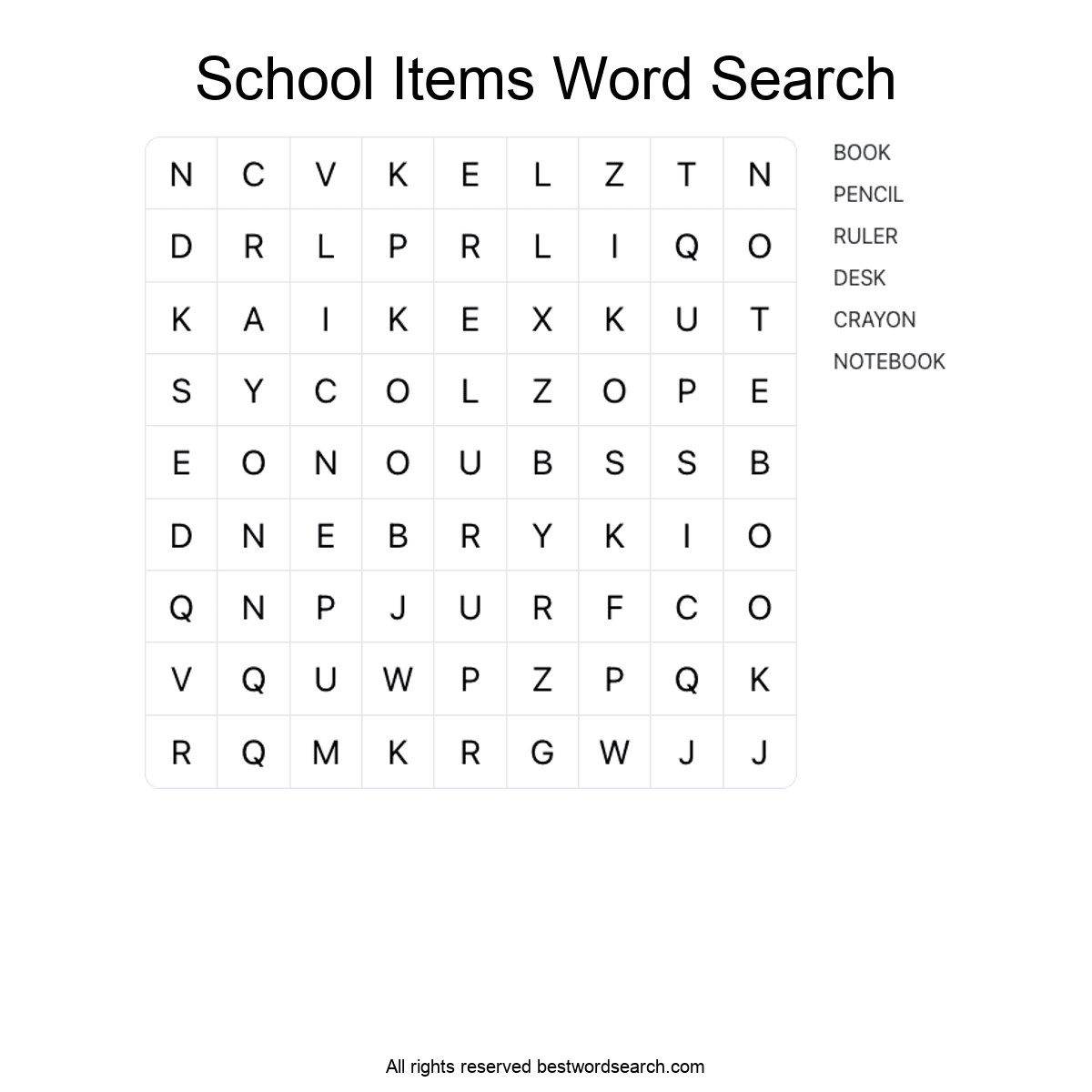 SCHOOL ITEMS Word Search Puzzle