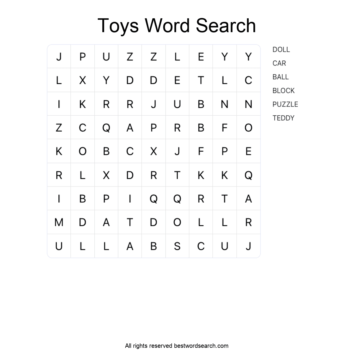 TOYS Word Search Puzzle