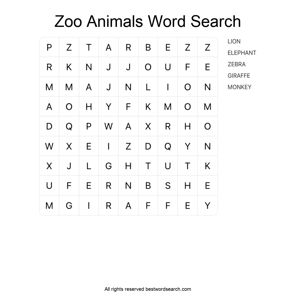 ZOO ANIMALS Word Search Puzzle