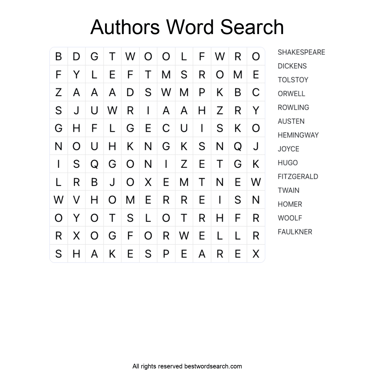 AUTHORS (LITERATURE) Word Search Puzzle