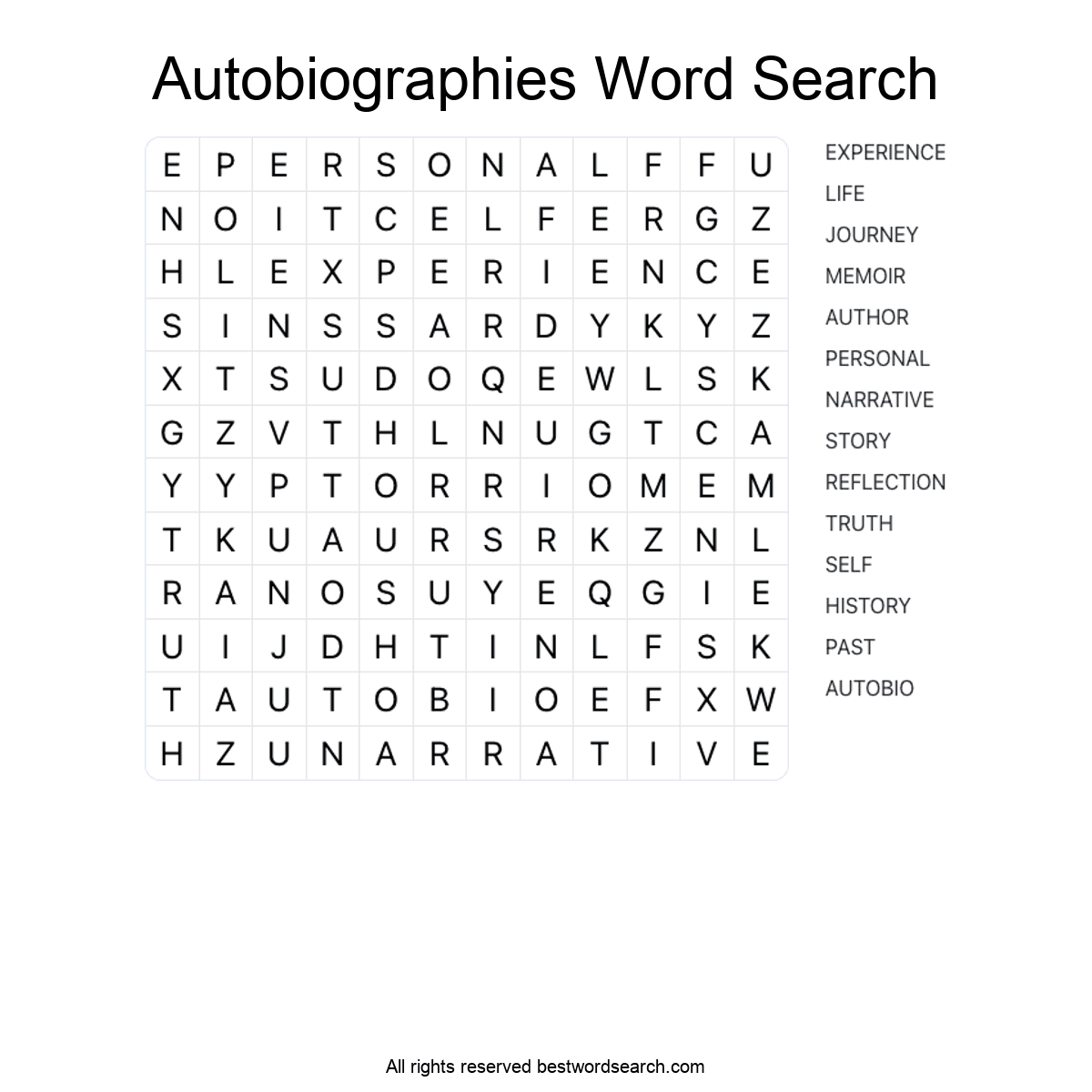 AUTOBIOGRAPHIES (LITERATURE) Word Search Puzzle