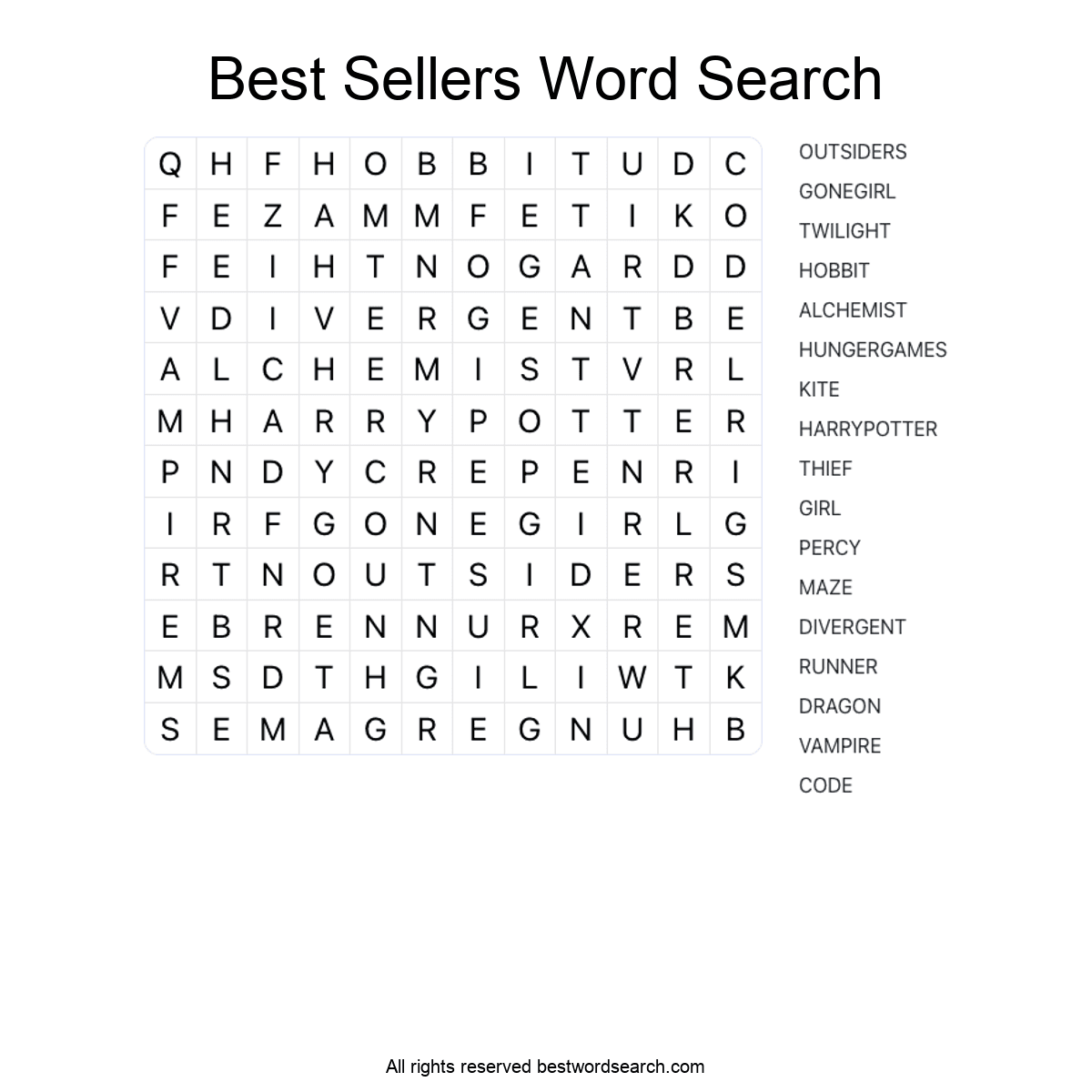 BEST SELLERS (LITERATURE) Word Search Puzzle