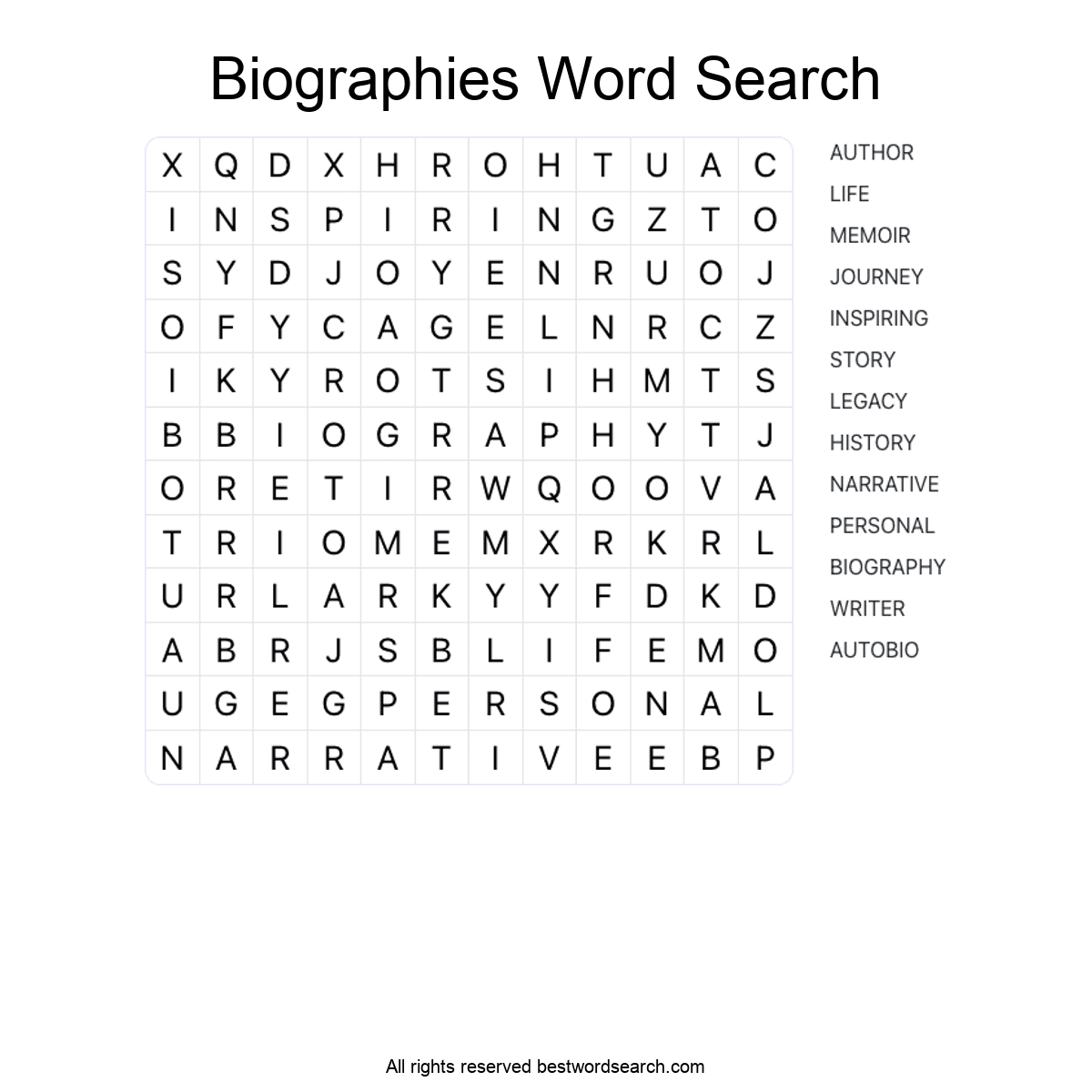 BIOGRAPHIES (LITERATURE) Word Search Puzzle