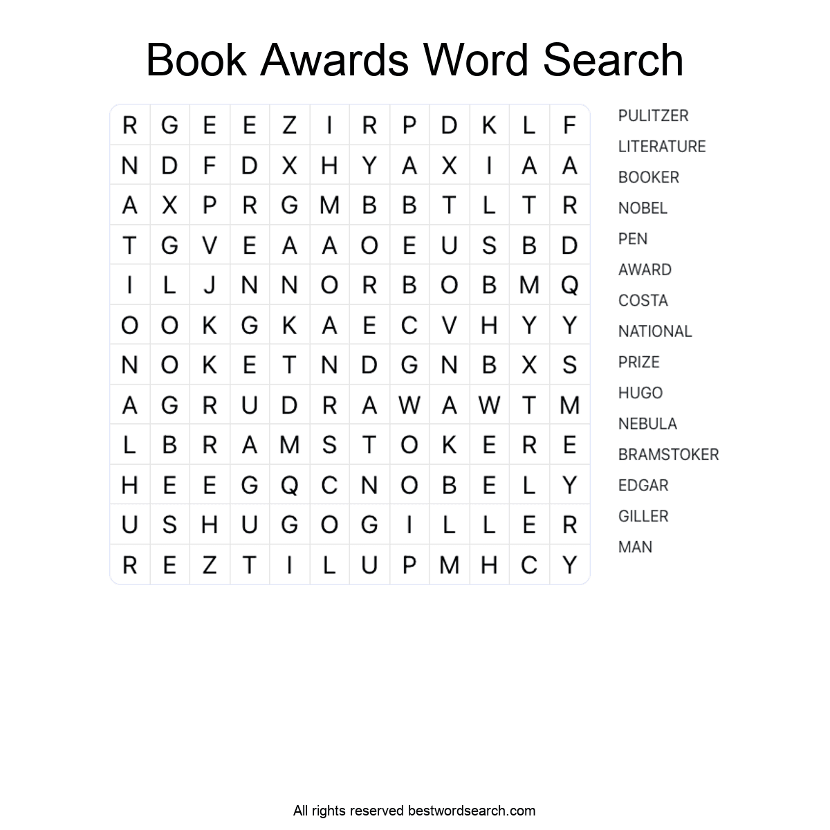 BOOK AWARDS (LITERATURE) Word Search Puzzle