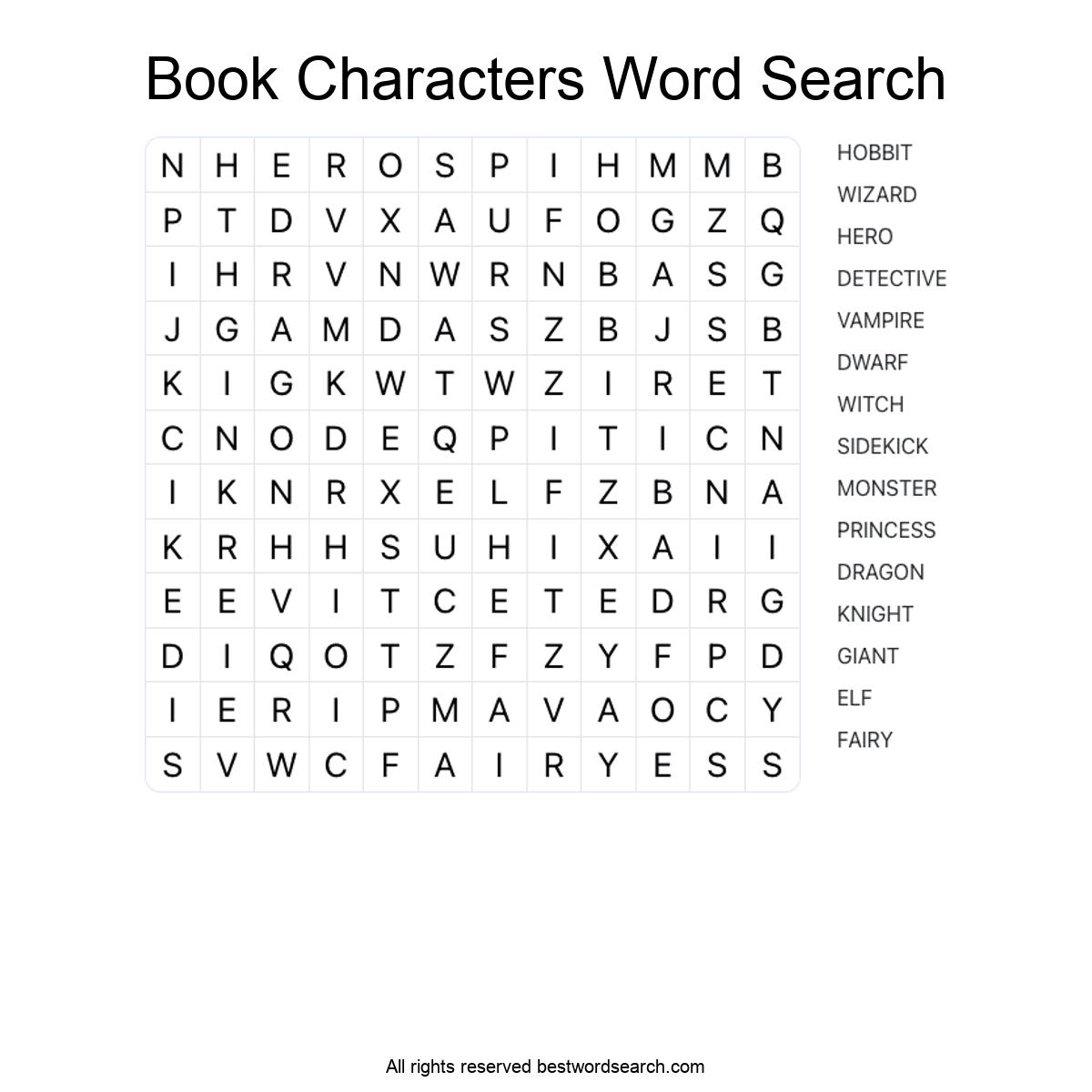 BOOK CHARACTERS (LITERATURE) Word Search Puzzle