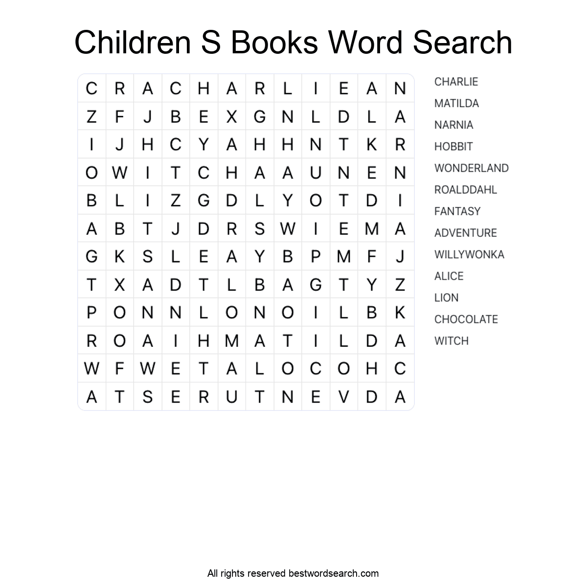 CHILDREN"S BOOKS (LITERATURE) Word Search Puzzle