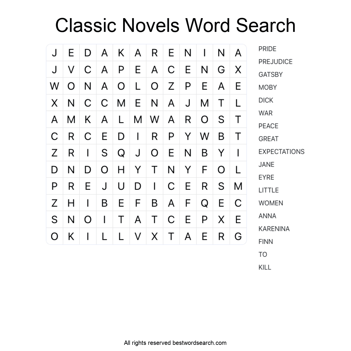 CLASSIC NOVELS (LITERATURE) Word Search Puzzle