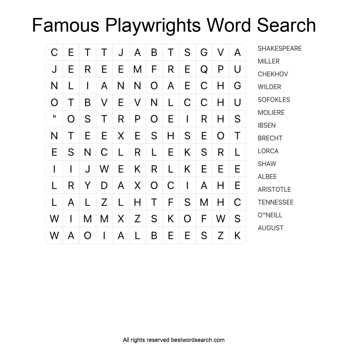 FAMOUS PLAYWRIGHTS (LITERATURE) Word Search Puzzle