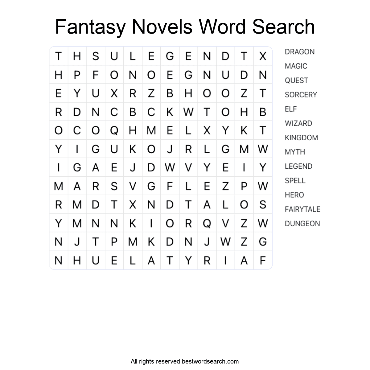 FANTASY NOVELS (LITERATURE) Word Search Puzzle