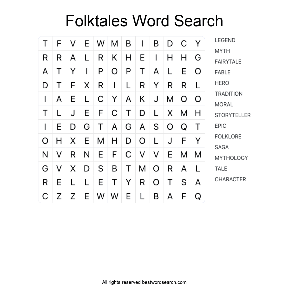 FOLKTALES (LITERATURE) Word Search Puzzle