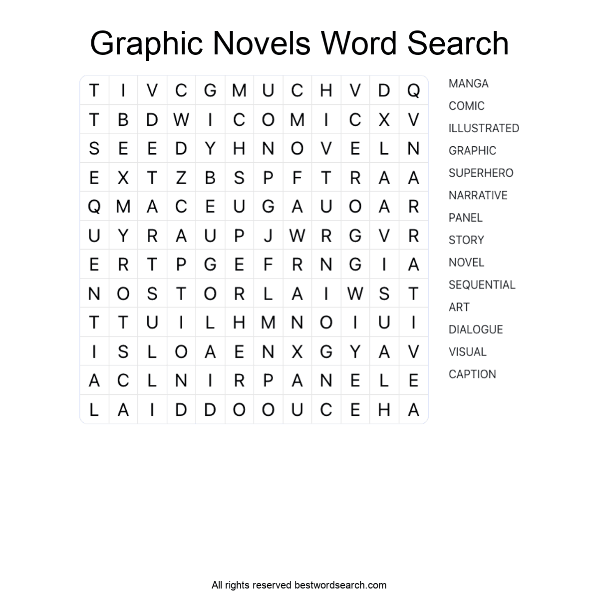 GRAPHIC NOVELS (LITERATURE) Word Search Puzzle