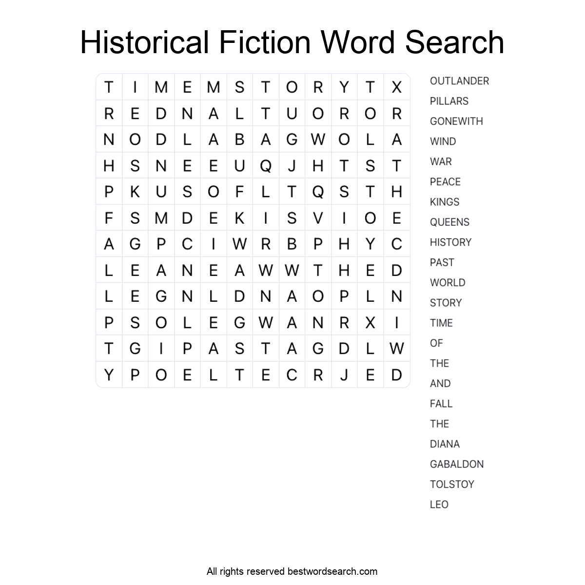 HISTORICAL FICTION (LITERATURE) Word Search Puzzle