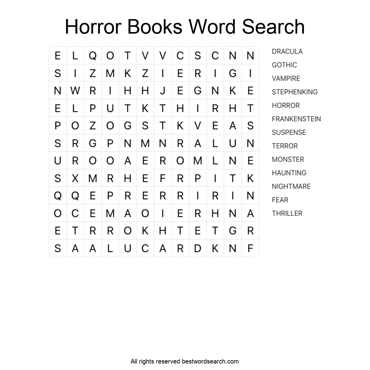 HORROR BOOKS (LITERATURE) Word Search Puzzle