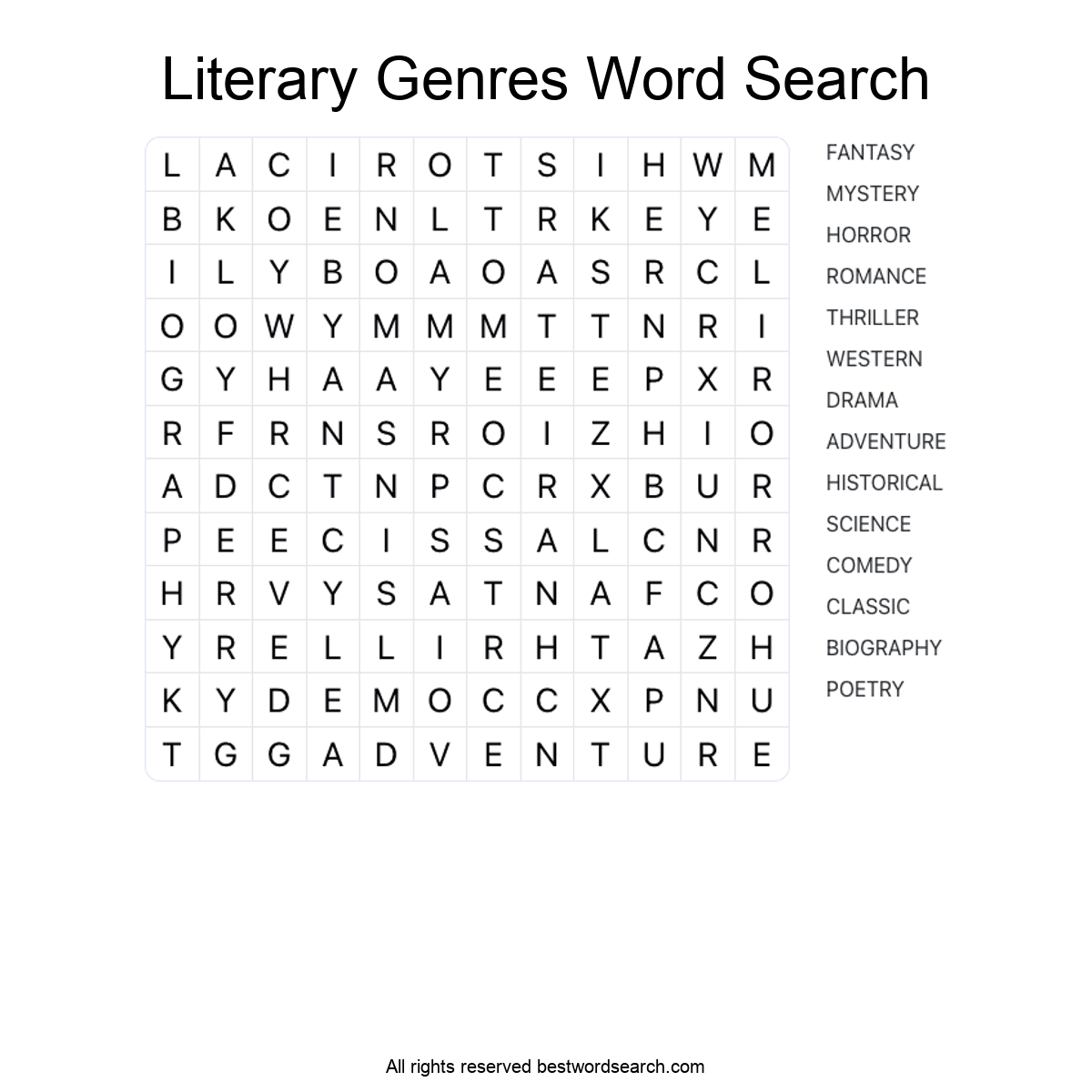 LITERARY GENRES (LITERATURE) Word Search Puzzle