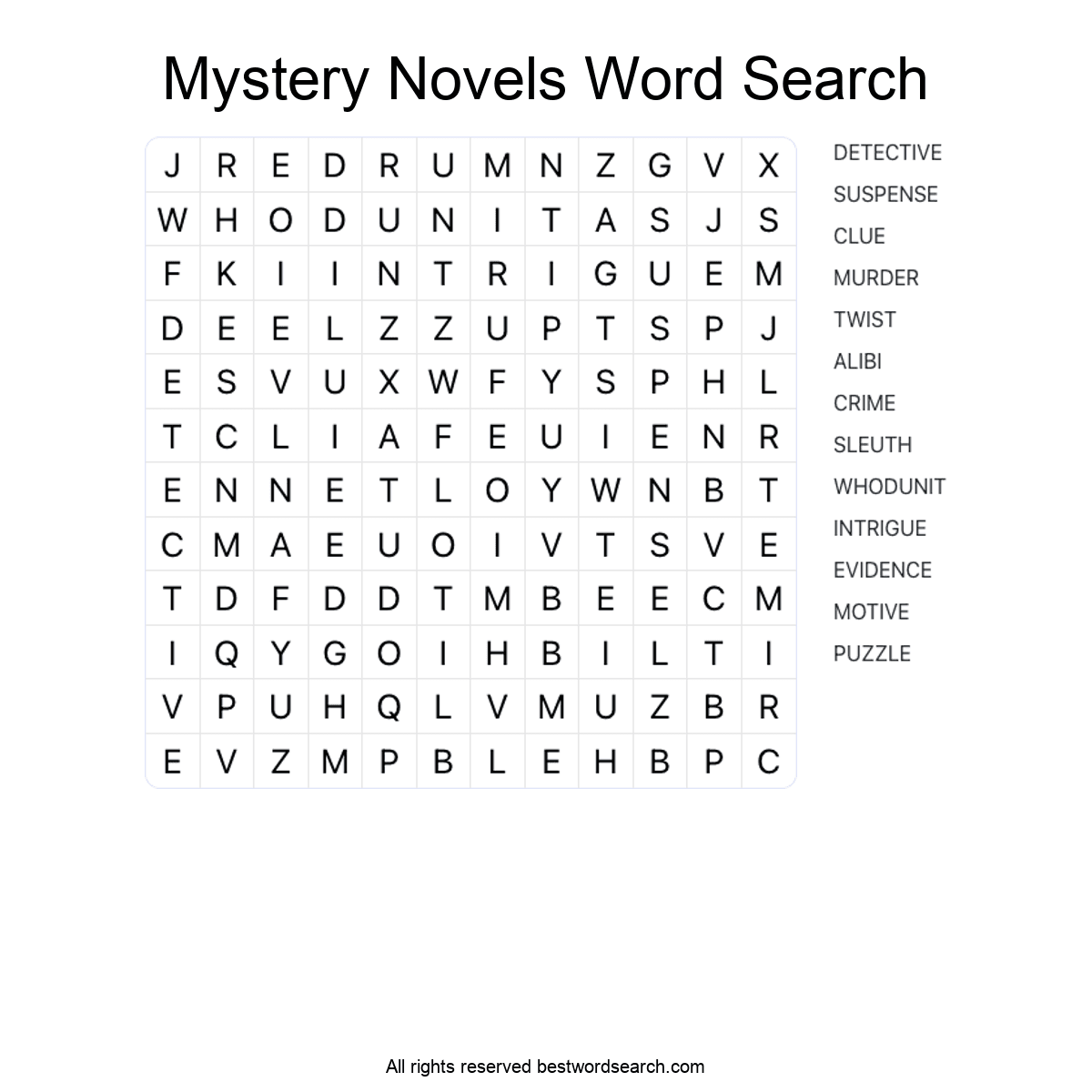 MYSTERY NOVELS (LITERATURE) Word Search Puzzle