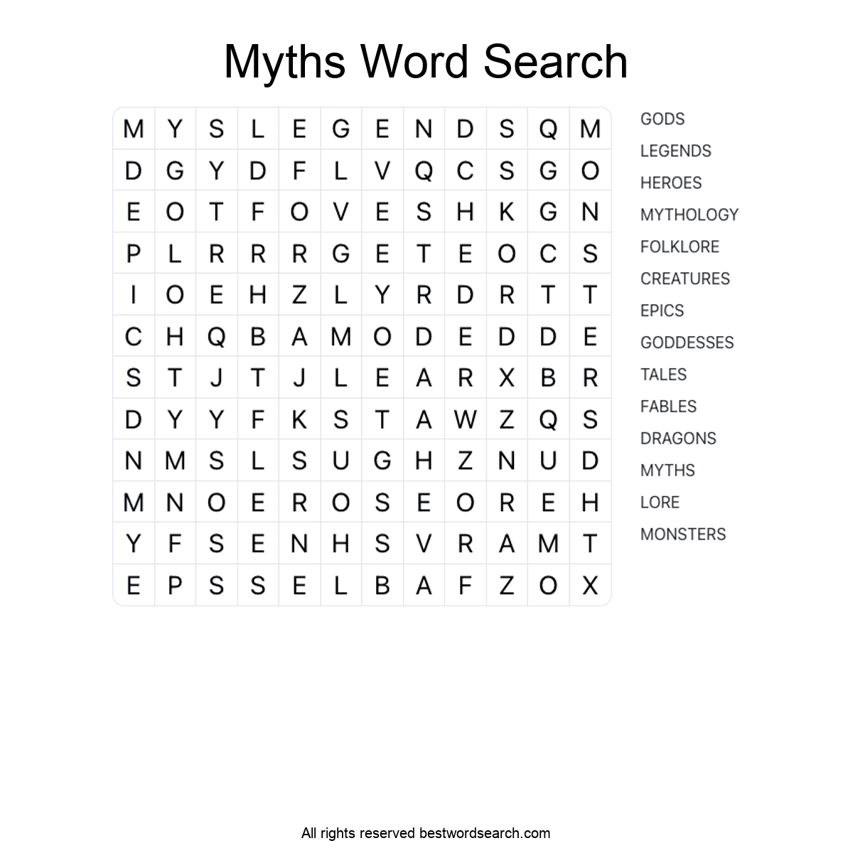 MYTHS (LITERATURE) Word Search Puzzle