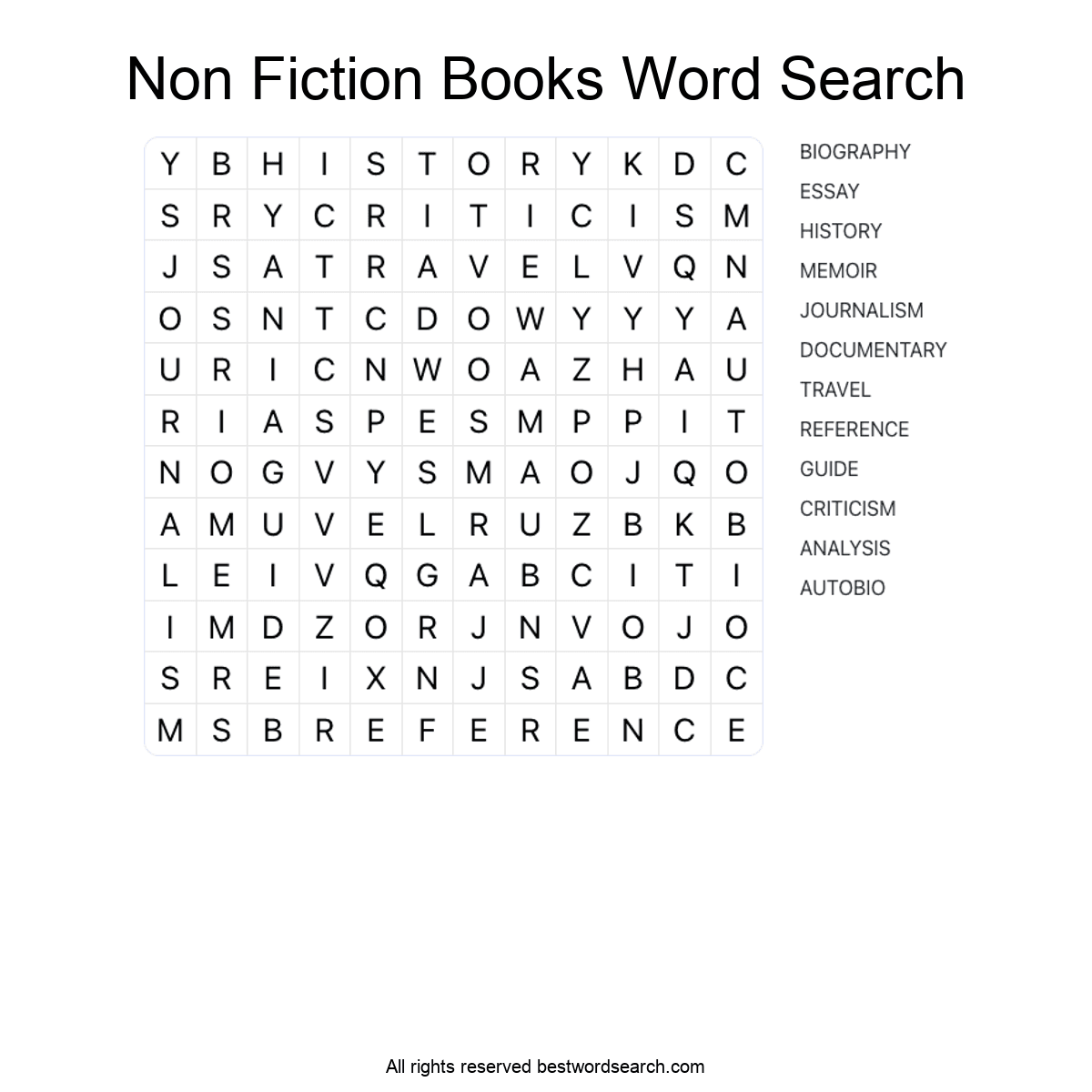 NON-FICTION BOOKS (LITERATURE) Word Search Puzzle