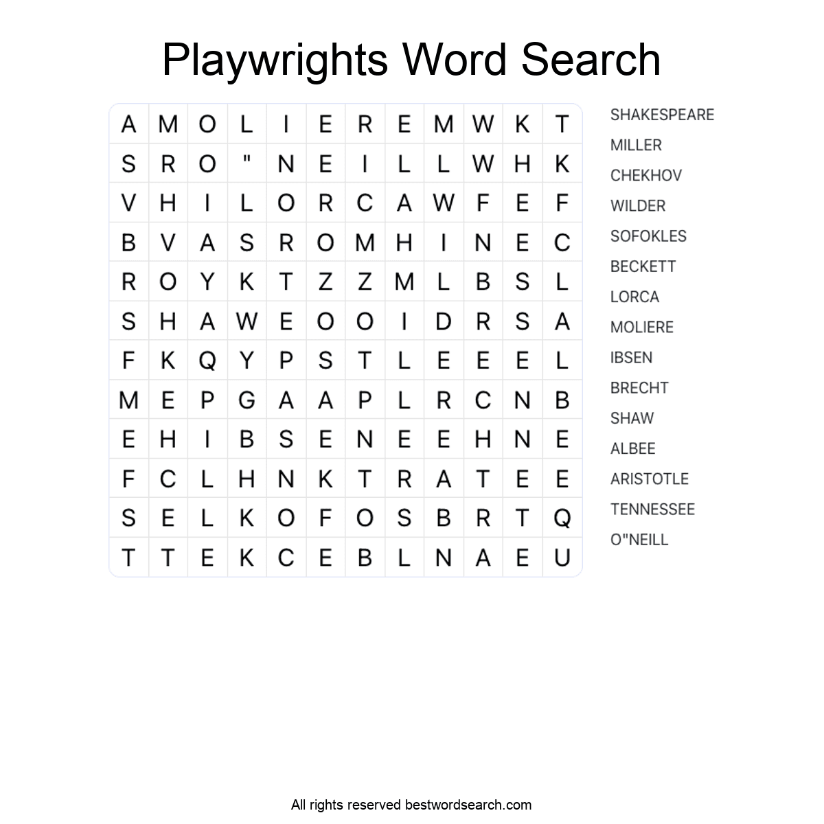 PLAYWRIGHTS (LITERATURE) Word Search Puzzle