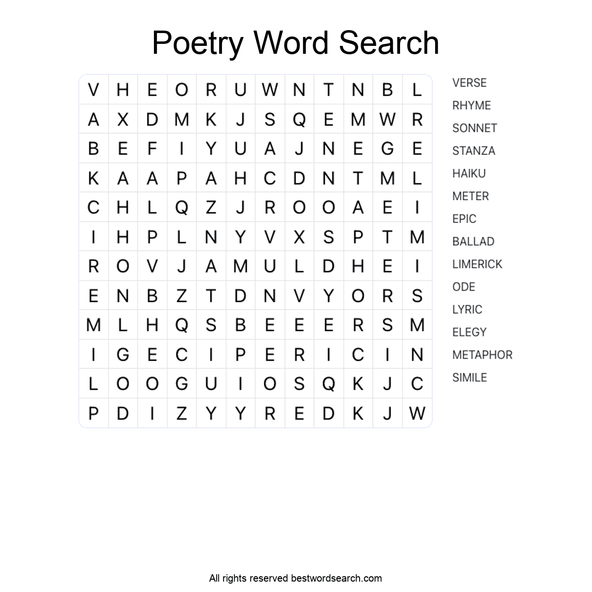 POETRY (LITERATURE) Word Search Puzzle